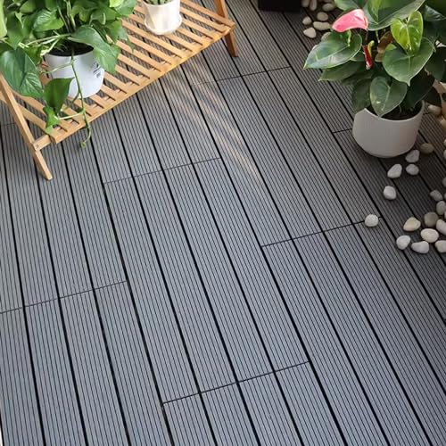 WPC Terrassenfliesen 30x60cm Holzoptik Klickfliese Platten mit Plastik Entwässerungsnetz Wetterfeste Balkonfliese 6er Set Bodenbeläge für 1m² Außen Balkon Terrasse Garten Teiche (Anthrazit)