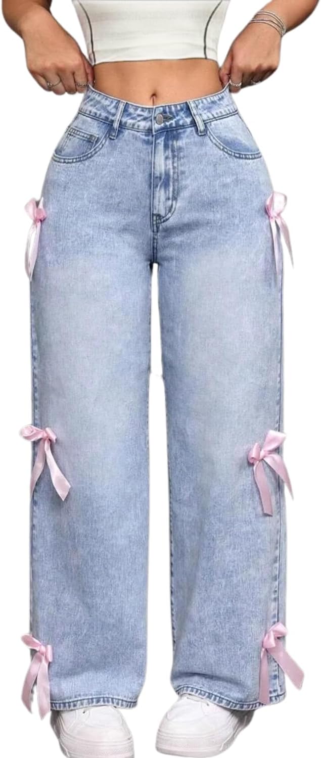 Baggy Jeans for Women Teen Girls Bow Cute Denim Jeans High Waisted Straight Leg Pants Aesthetic Scene Clothes