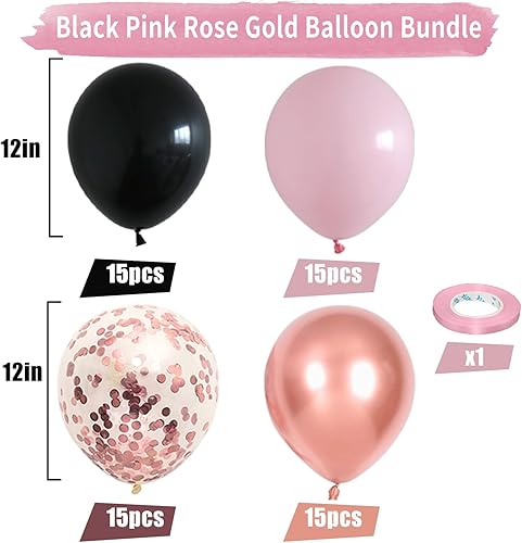 Miniatura 2 de Juego de 55 globos rosa y negro (12 pulgadas), confeti de oro rosa, regalo femenino, ideal para bodas, cumpleaños, decoración de fiestas
