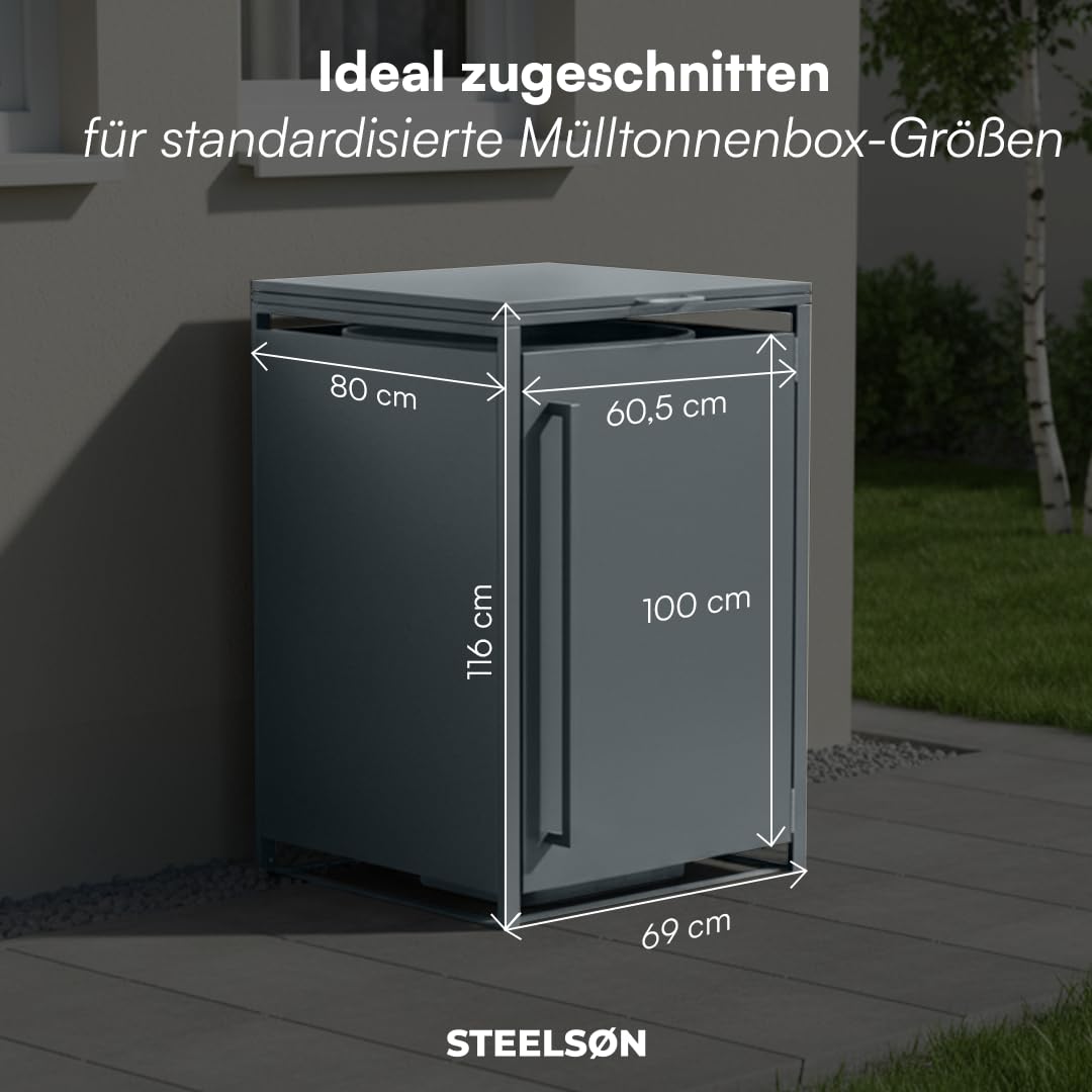 STEELSØN Xalara Mülltonnenbox 1er bis 240L – Mülltonnenverkleidung aus Stahl in Anthrazit – hochwertige Müllcontainer für 1 Tonne – Müllbox wetterfest – UV-beständige Gerätebox/Mülltonnen Box