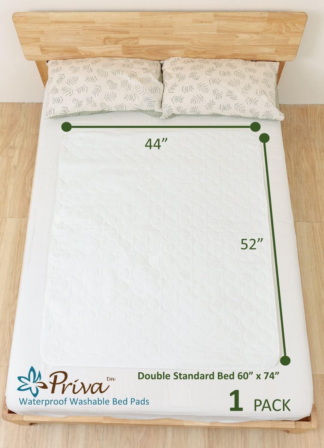 PRIVA 1 Pack Waterproof Washable Incontinence Bed Pads, 44 x 52 Inch Reusable Bed Wetting Underpad, Heavy Duty Mattress Protection for Elderly Seniors, Kids, Pets, Ultra Absorbent Pee Pads