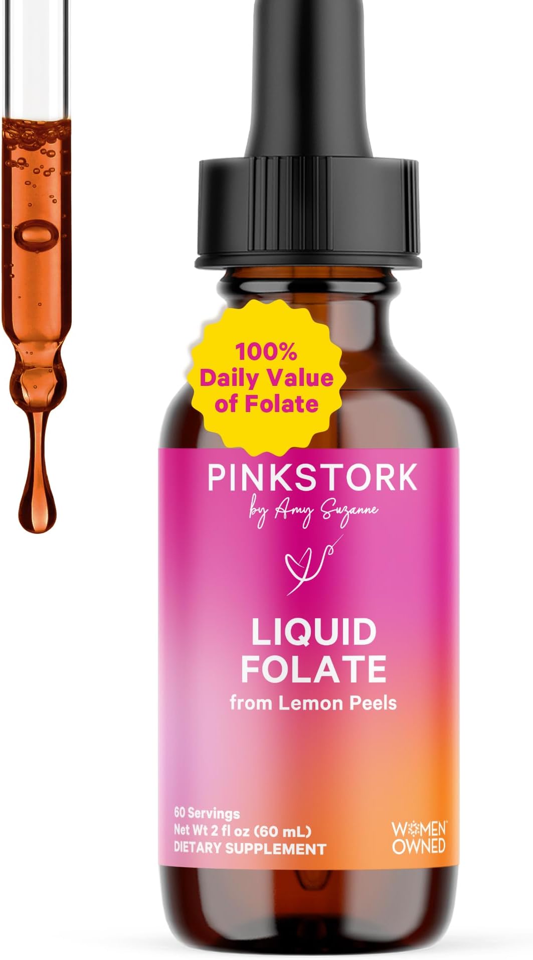 Pink Stork Liquid Folate Drops – 5-MTHF Methylfolate B9 Vitamin | Liquid Folic Acid Alternative for Women | Prenatal Folate, Non-GMO, Vegan, Sublingual Methylfolate Supplement | 2 fl oz