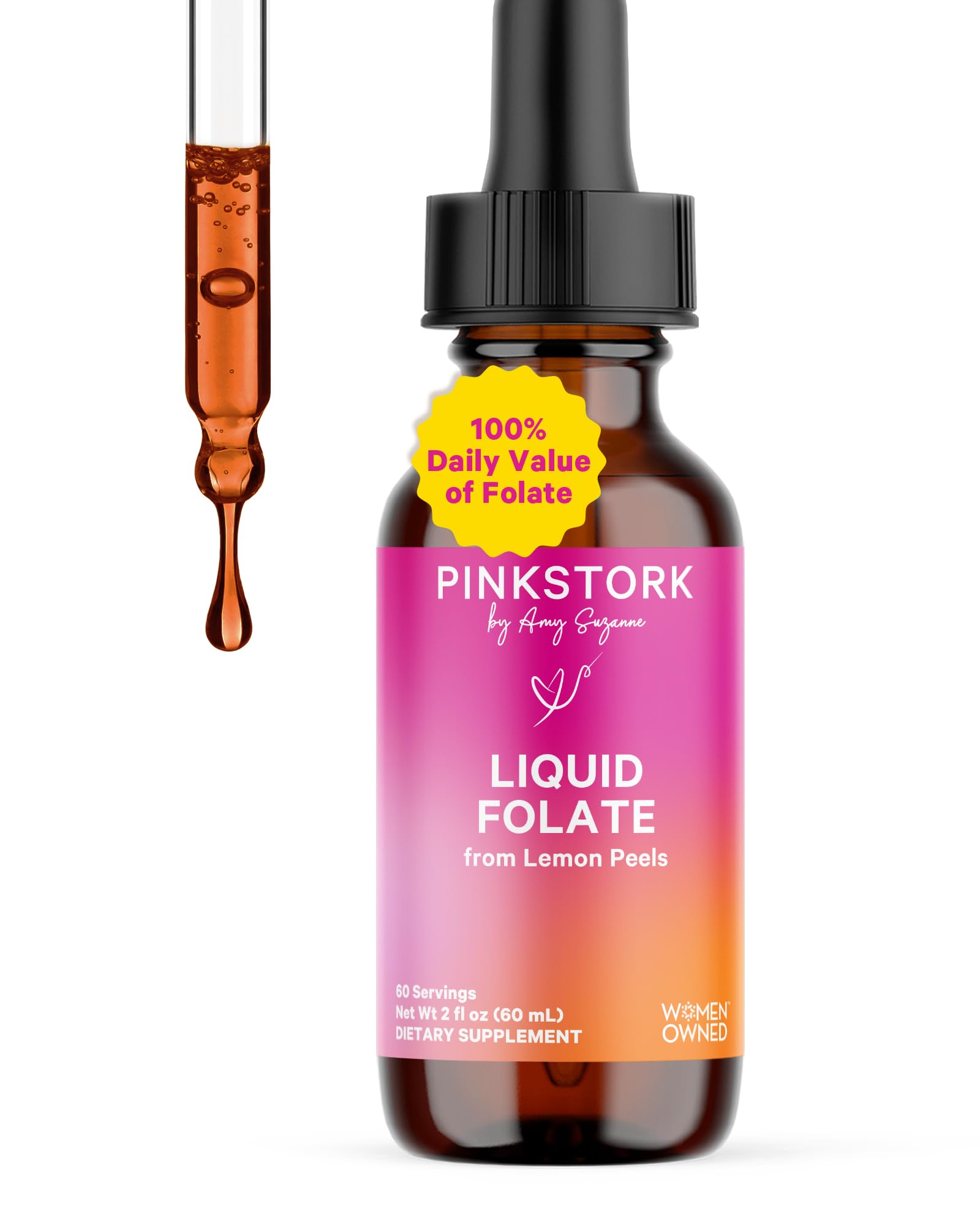 Pink Stork Liquid Folate Drops | 5-MTHF Sublingual Methylfolate Supplement | Vitamin B9 | Folic Acid Alternative for Women | Lemon Peels, Vitamin C | Prenatal Vitamins for Women | Vegan, 60 ml