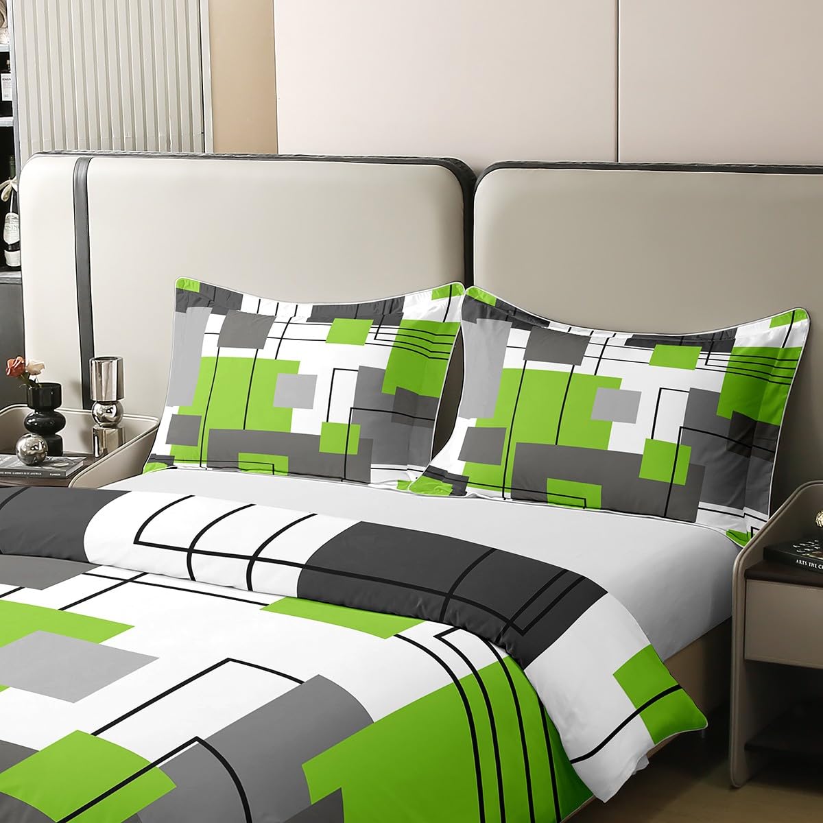 100% Cotton Lime Green Gray Geometric Bedding Set Double Black Grey White Square Duvet Cover for Kids Boys Girls Abstract Striped Comforter Cover Simple Lines Modern Bed Set 2 Pillow Cases - Image 4