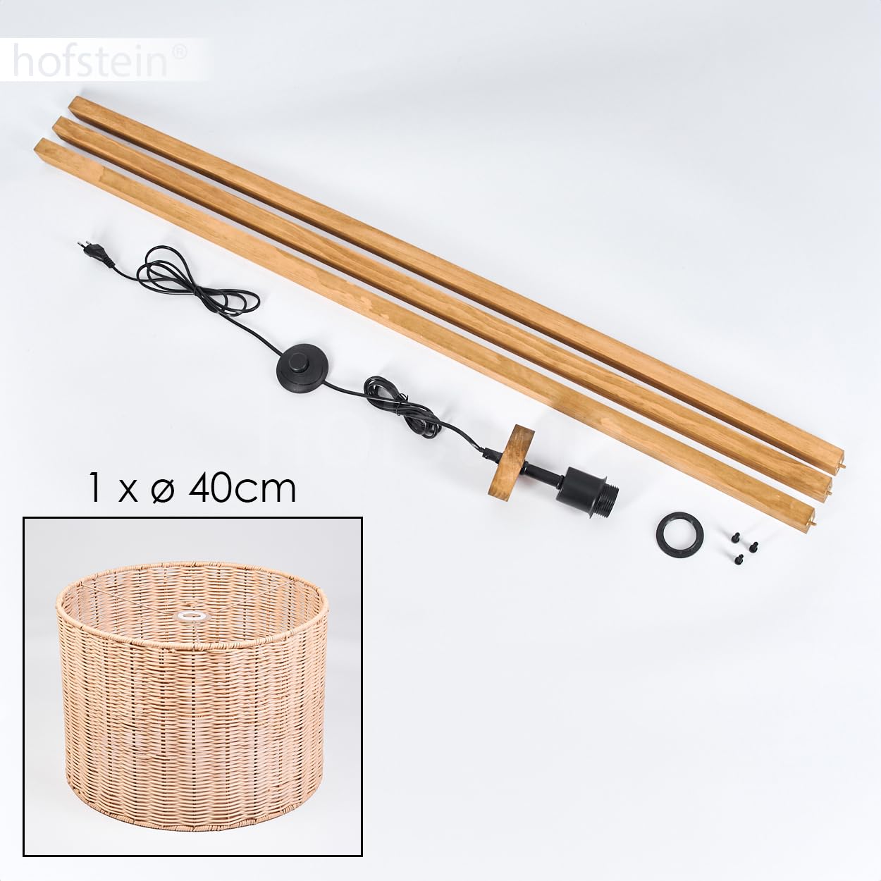 Stehleuchte Cavaca, Stehlampe aus Holz/Korbgeflecht/Rattan in Naturfarben, Leuchte im skandinavischen Design mit rundem Schirm (Ø 40 cm) u. Fußschalter, Höhe 154 cm, 1 x E27, ohne Leuchtmittel