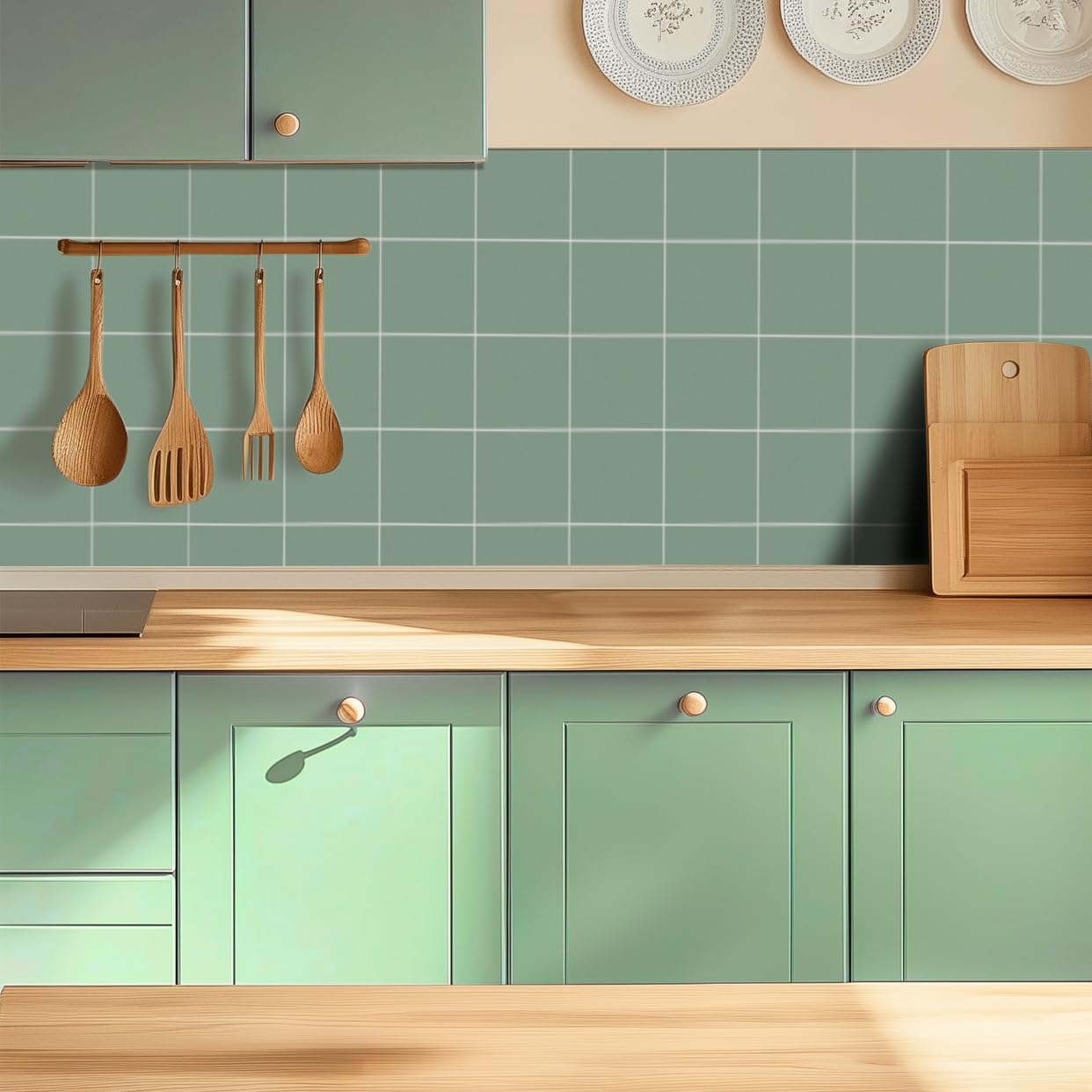 Alwayspon Tile Sticker, 50PcsX15cm/6inch Sage Green Textured Self Adhesive Stick on Tiles Transfer Sticker for Bathroom Kitchen, Backsplash, Peel and Stick Adhesive Vinyl Wall Tiles Sticker