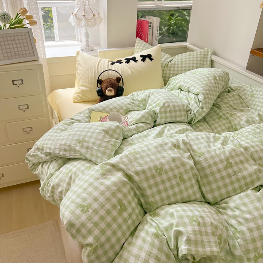 Covebett Green Bows Duvet Cover Single Gingham Plaid Checkered Bows Print Kawaii Bedding Set Girls Cute Bow Tie Microfiber Comforter Cover 135x200 cm with Zipper Closure and 1 Pillowcase 50x75 cm — image 1