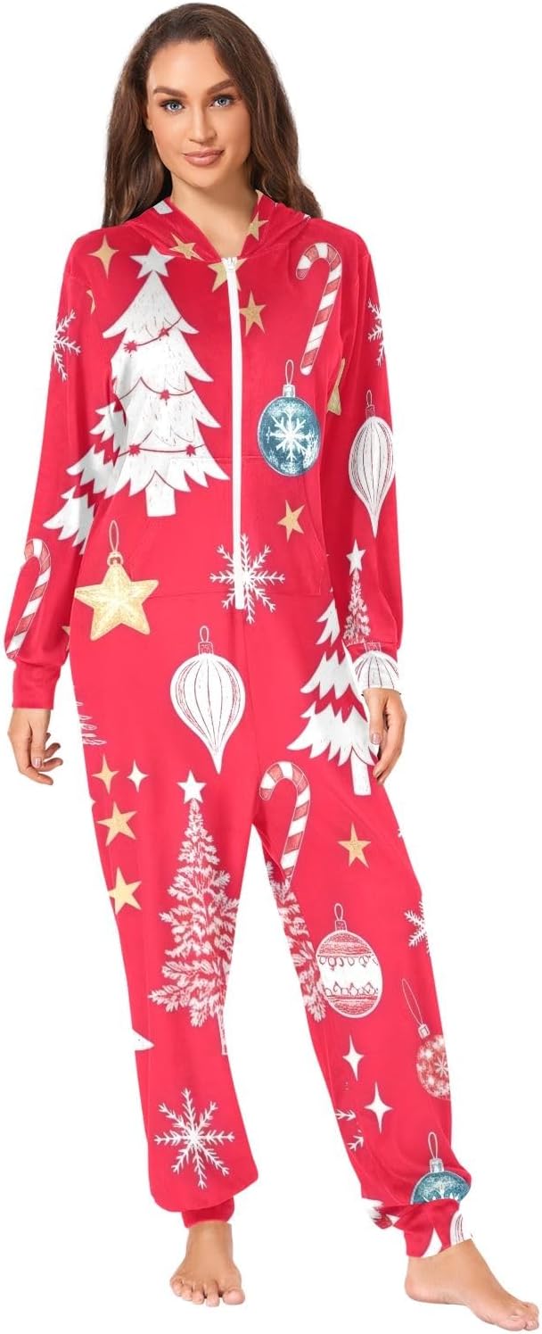 White Christmas Trees Adult Onesie Pajamas, Soft Plush Zip Up Jumpsuit Sleepwear for Men Women Holiday Loungewear