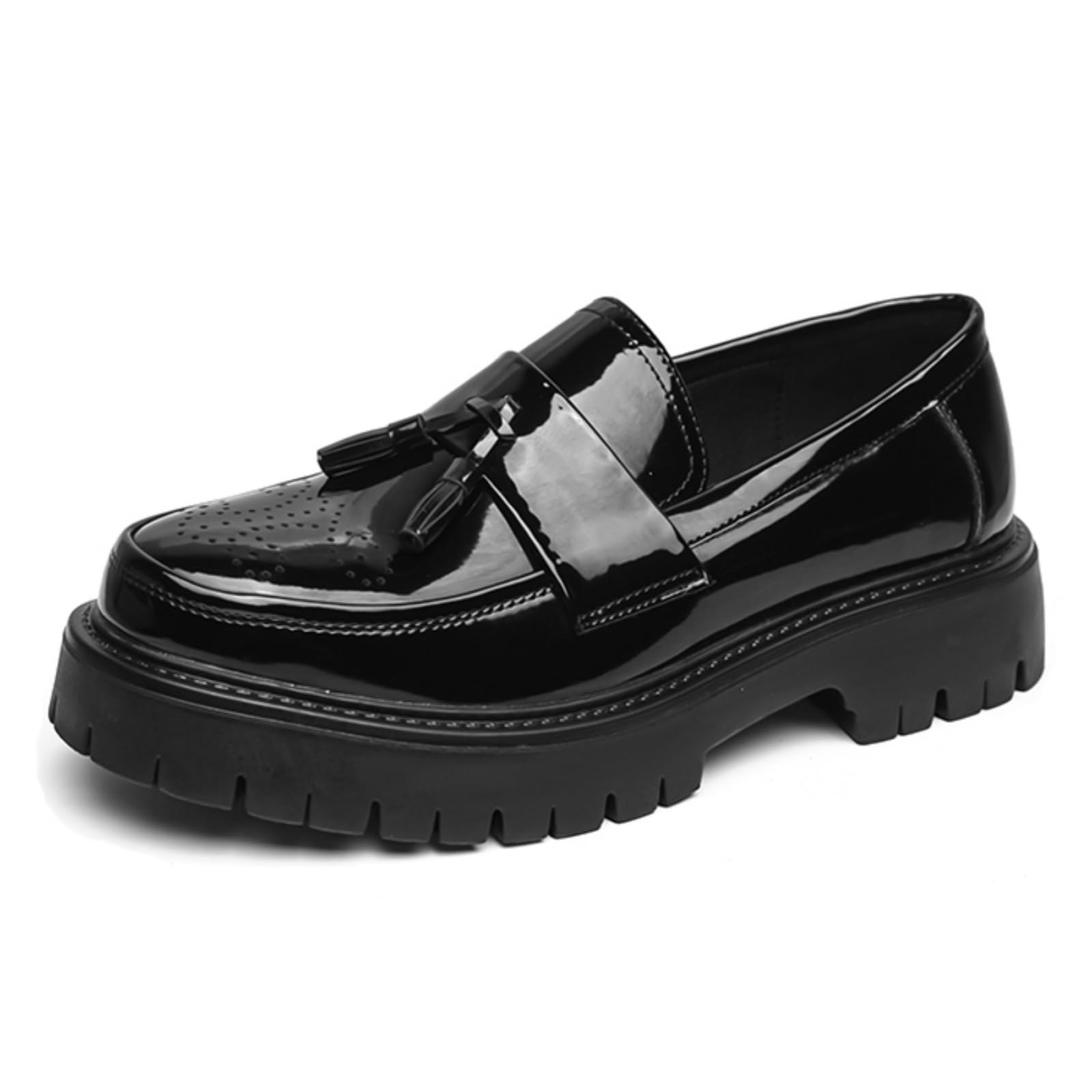 Scarpe Eleganti Uomo con Plateau Mocassini Brogue Pelle Verniciata | Moda Nappe Classiche Business Casual Punta Arrotondata Scarpe Eleganti Slip-On Per Feste Di Matrimonio
