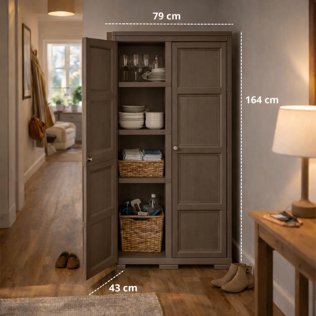 Armadio Multiuso in Plastica 2 Ante con 4 Scomparti e Vano Portascopa, Mobile Alto Organizzazione Casa per Lavanderia, Ingresso e Ripostiglio, 79x43x164 cm (Wengé)