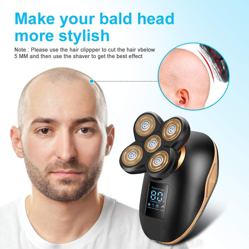 Electric Shavers for Men, Apark 5 in 1 Head Shavers for Bald LED Electric Shaving Razors Rechargeable Cordless Wet Dry Rotary Shaver Grooming Kit with Clippers Nose Hair Trimmer (Gold Head)