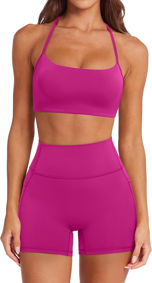 Conjuntos de entrenamiento de 2 piezas para mujer, sujetadores deportivos halter acolchados, pantalones cortos de motociclista de cintura alta con bolsillos
