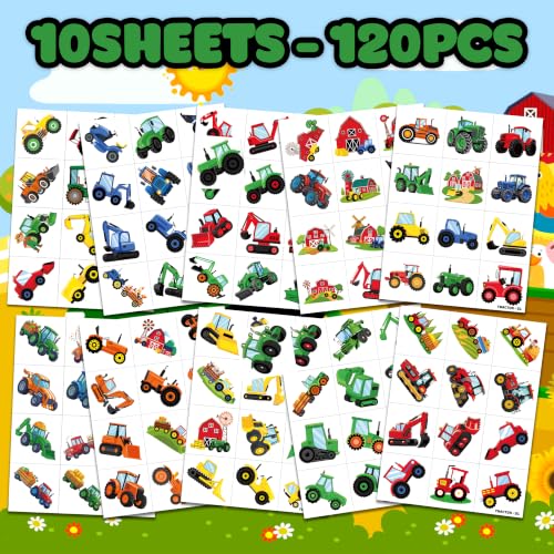 Image of 120 PCS Tractor Farm Farmhouse Pre-Cut Temporary Tattoos for Kids | Super Cute Theme Birthday Party Favors, Supplies, Decorations, Green Red Fake Tattoo Stickers (Multiple)