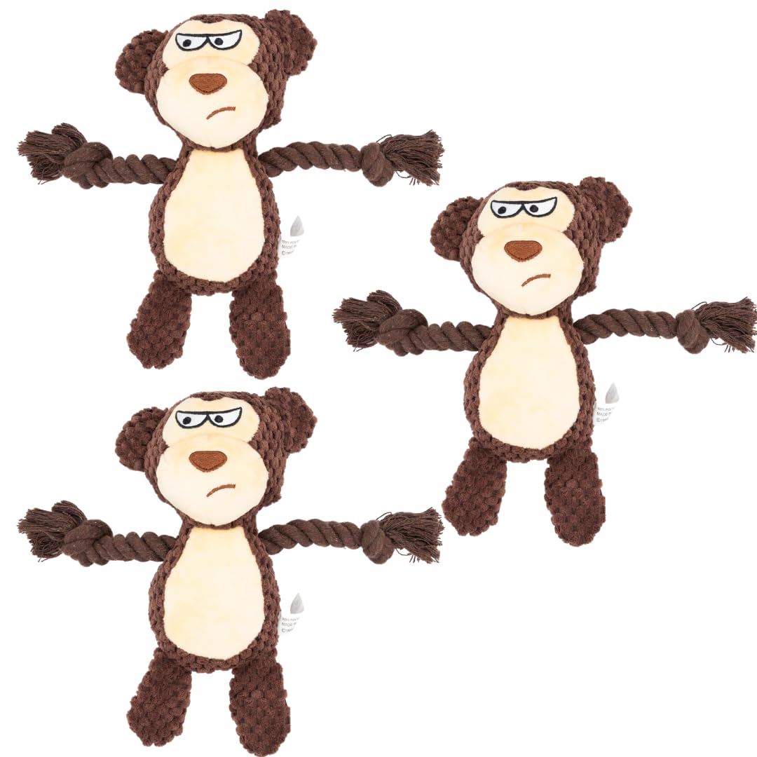 Pets & Play Dog Toys 3 Pack β Squeaky Plush Dog Toy | Monkey Plush Dog Toy with Rope Arms & Crinkle Feet, Soft Chew & Tug Dog Toy Set for Small & Medium Dogs | Durable Interactive Puppy Toys