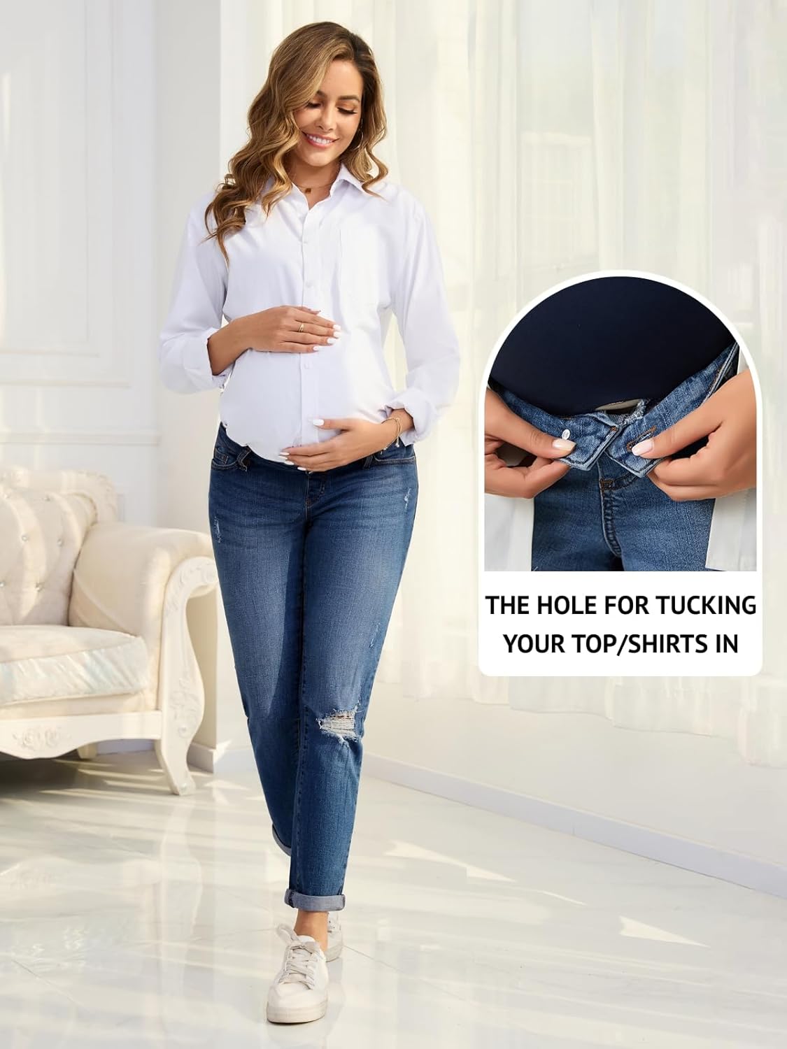 Women's Maternity Jeans Comfy Stretch Boyfriend Jean Over Belly Ripped Denim Pregnancy Pants - Image 4