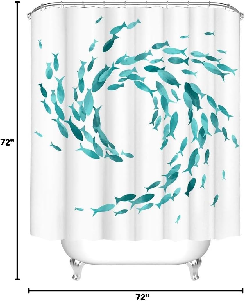 RnnJoile Teal Fish Shower Curtains Set Ocean Creatures Bathroom Decor Creative Curtain for Bath Fabric Sea Ocean Shower Curtain with Hooks Turquoise 72x72inch