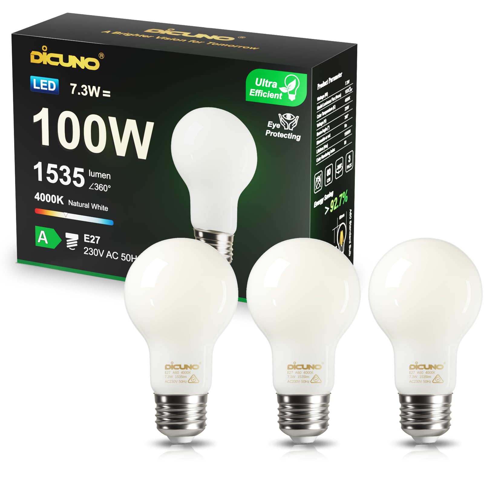 DiCUNO Ultraeffiziente E27 LED Lampe, Matte Energieklasse A E27 LED Neutralweiß, Energiesparlampe 7,3W ersetzt 100W, A Label Leuchtmittel 4000K, 1535lm, A60, Blendfrei, Nicht dimmbar, 3er Pack