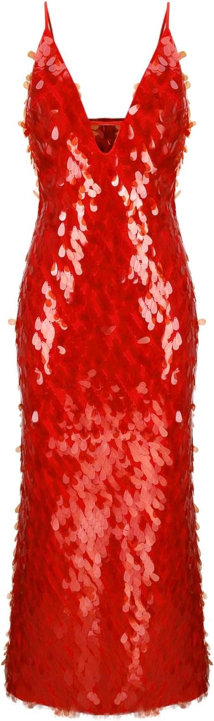 Women Sparkly Sequin Maxi Dress,V Neck Backless Formal Party Dresses