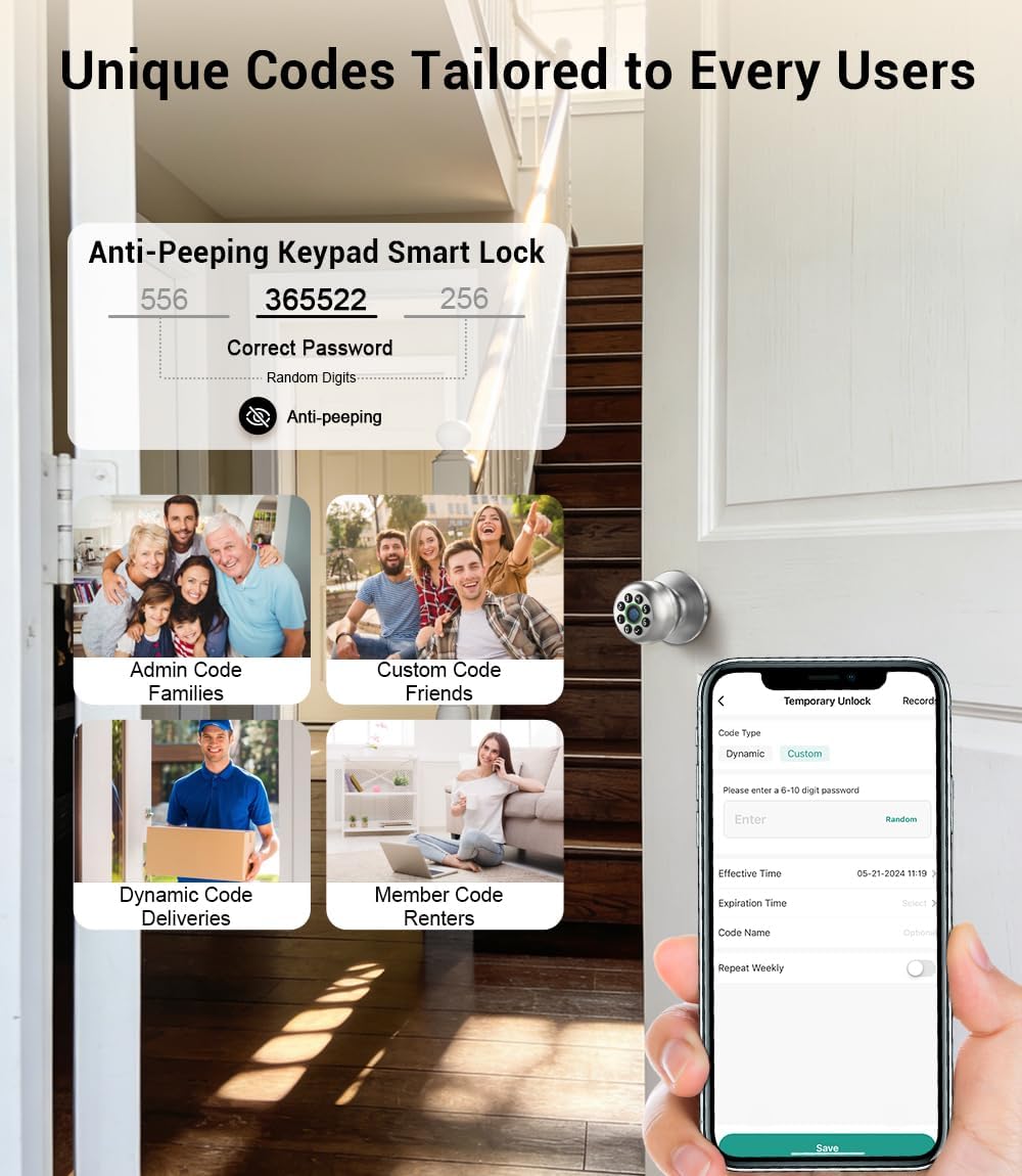 Smart Fingerprint Door Lock with App Control & Key, Keyless Entry Door Knob, Electronic Keypad Door Knob,Door Locks for Bedroom,Garage,Home,Front Door, Office,Apartment