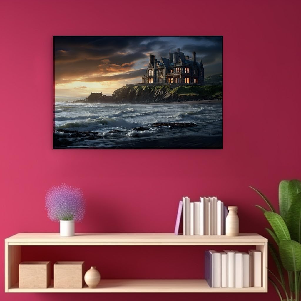 Canvas for Living room. Gothic Grandeur on the Precipice: A Majestic Mansion's Stormy Seaside Standoff, 27 x 18 inch Canvas Wall Art - Ready to Hang - 69x46 cm (27x18 inch)