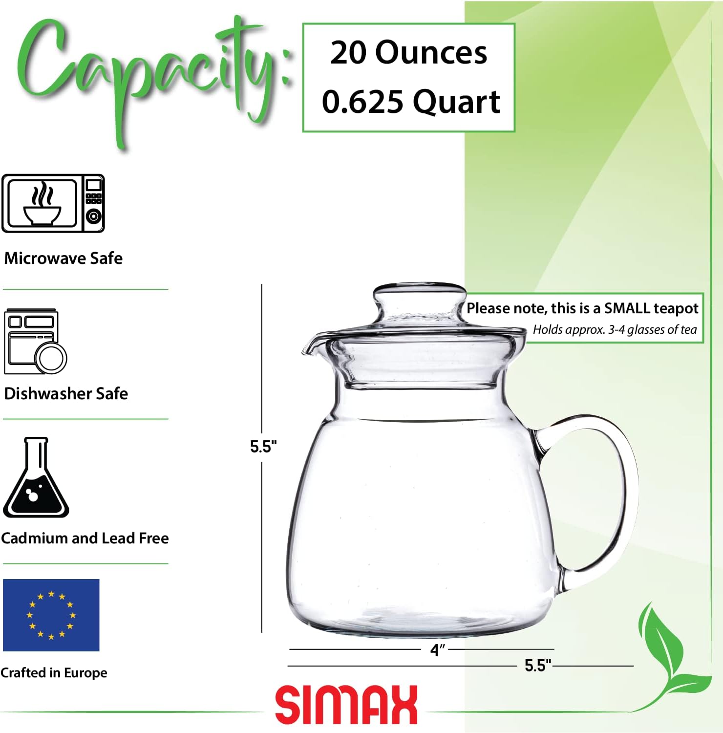 Simax Glassware 20 Oz. Glass Teapot | Short Spout, Microwave and Stovetop Safe, Heat, Cold, and Thermal Shock Resistant Borosilicate Glass, Makes a Stunning Presentation