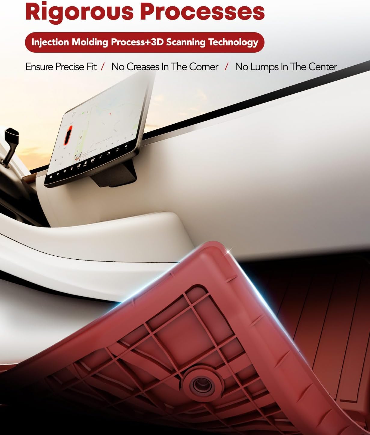 YHTAUTO Floor Mats Compatible with Tesla Model Y 2025-2020 (5-Seat Not for Juniper), All Weather TPE Car Carpet Liners, Anti-Slip Waterproof, Automatic Mats, 1st & 2nd Row, Set of 3, Red - Image 5