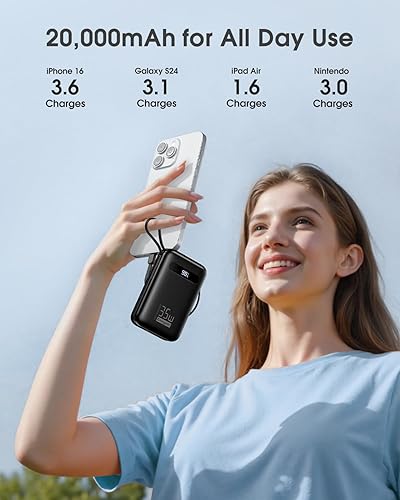 Miniatura 3 de EnergyQC Cargador portátil de 20000 mAh, 35 W PD 3.0+QC 4.0 cargador de energía de carga rápida con cables Lightning y USB-C integrados de entrada y