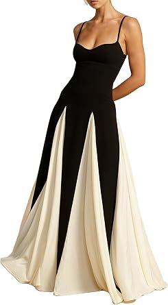 Adoeren Women Sleeveless Color Block Maxi Dress Pleated Patchwork Swing Sundress Spaghetti Strap Aline Flowy Sling Dress