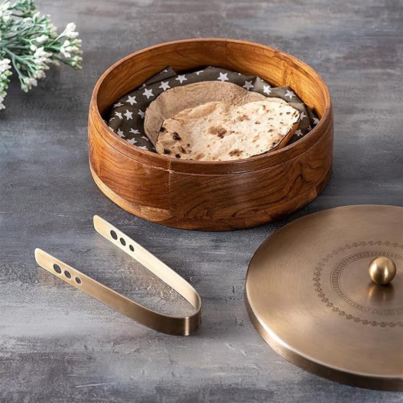 Nestroots Wooden Casserole for Roti | 9-Inch & 1.6ML Hot Pot for Kitchen | Chapati Box with Stainless Steel Tong | Lazer Gold Finish Hot Case for Fresh & Warm Roti | Durable & Stylish