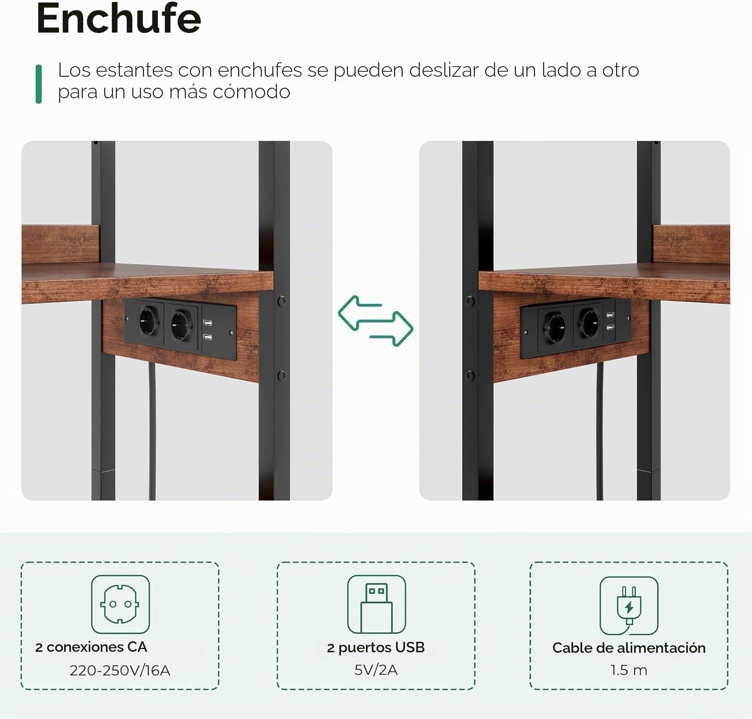 Dripex Estantería de cocina de 5 niveles, estantería de pie con enchufe, estantes de almacenamiento, 8 ganchos en S, estantería independiente para salón, dormitorio, oficina, 60 x 35 x 165 cm