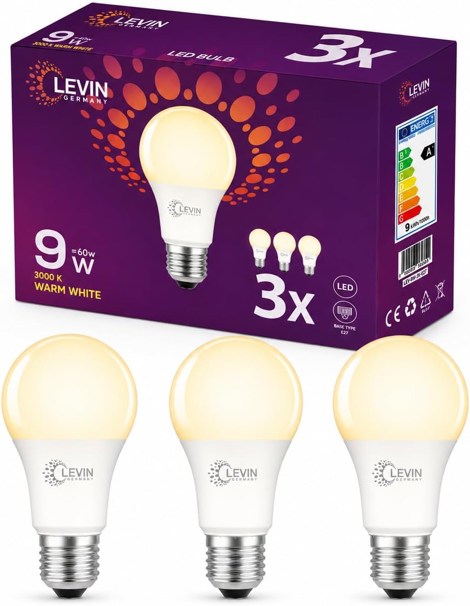 Levin Germany LED Bulb 9W E27 – 3000K Warm White | 60W Equivalent | Energy Saving A+ | 20000h Lifetime | 800 Lm | No UV or Mercury | CRI > 80 | Pack of 3 | 2-Year Warranty