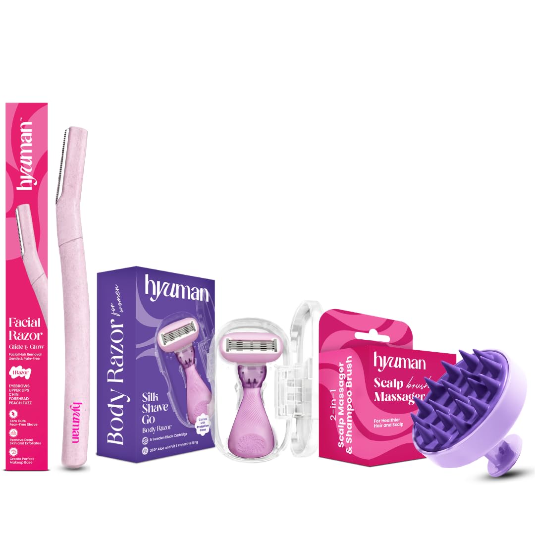 Hyuman Face Razor + On the Go Razor + Scalp Massager Combo for Women | Hair Removal & Relaxing Scalp Care Kit (Set of 3)-picture-20