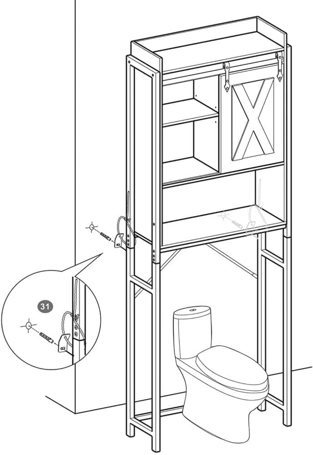 VASAGEL Toilettenregal, Badezimmerregal, mit Schrank, Stahlgestell, für Waschmaschine, einfache Montage, Industrie-Design, 64 x 24 x 171 cm, vintagebraun-schwarz BTS003B01