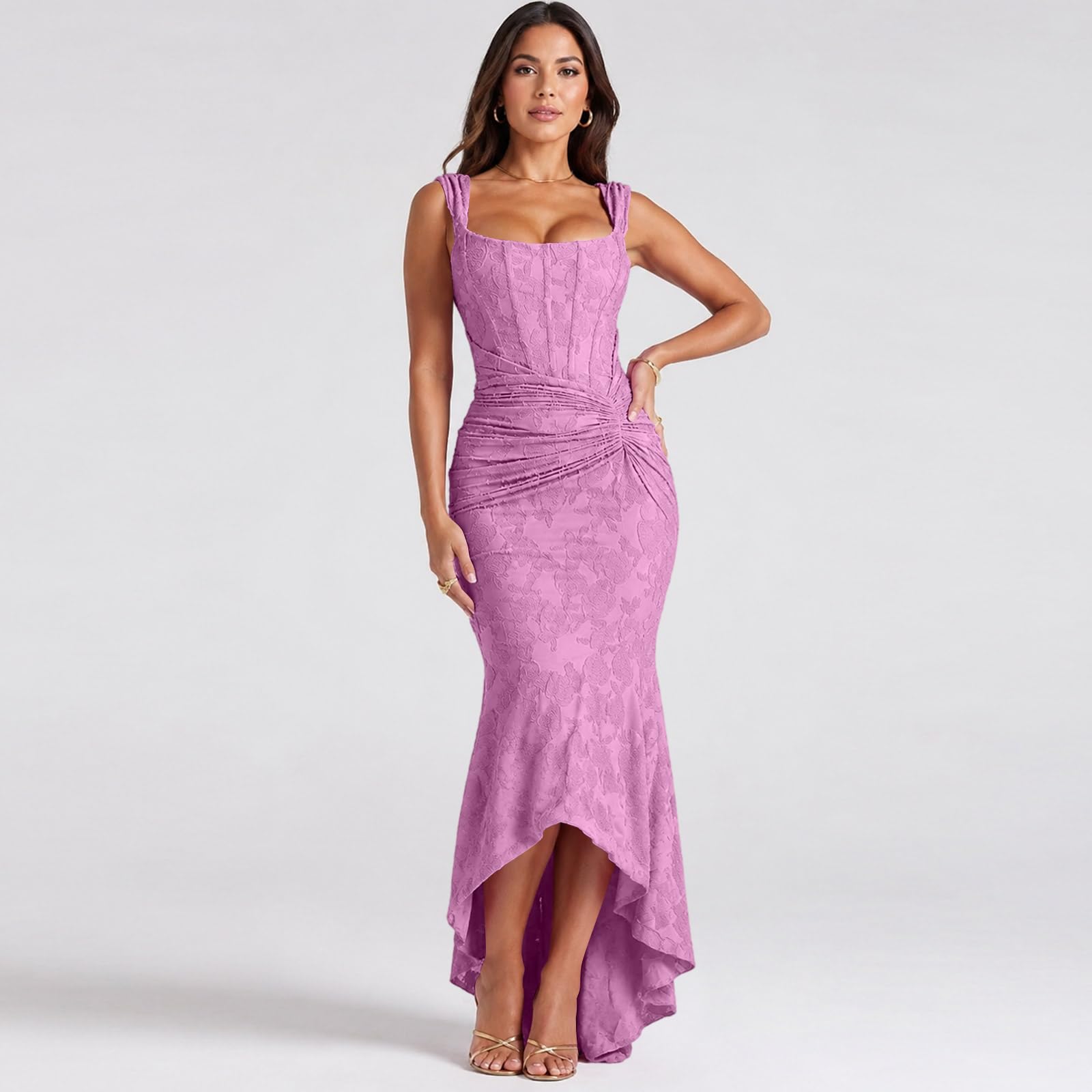 Robe sirène Longue carré à Bretelles Larges Torsade latérale plissée Ourlet asymétrique Train arrière pour soirées et Occasions habillées