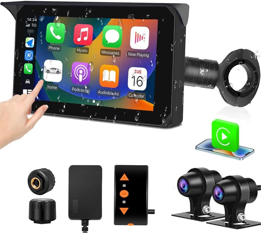 VSYSTO Wireless Carplay Motorcycle Dash Camera with 5" Touchscreen, GPS Navigation, WiFi 1080P SONYIMX307 Front and Rear Camera, Parking Monitoring, Tire Pressure Sensors, Temperature Display(CS5 Pro)