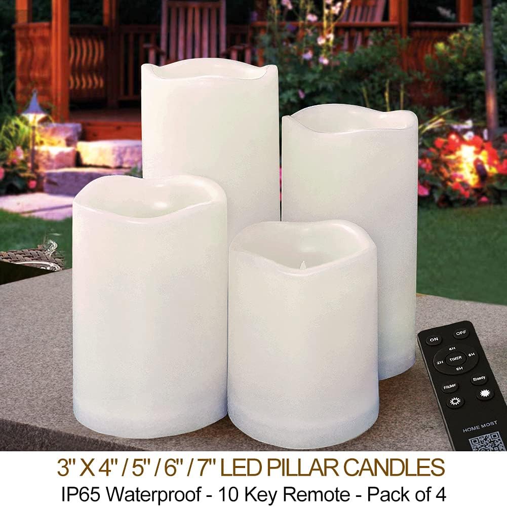 Set of 4 White Outdoor LED Pillar Candles 3x4 3x5 3x6 3x7 with Timer and Remote - IP65 Waterproof Battery Operated LED Pillar Candles - Flickering Flameless Pillar Candles Unscented Outside