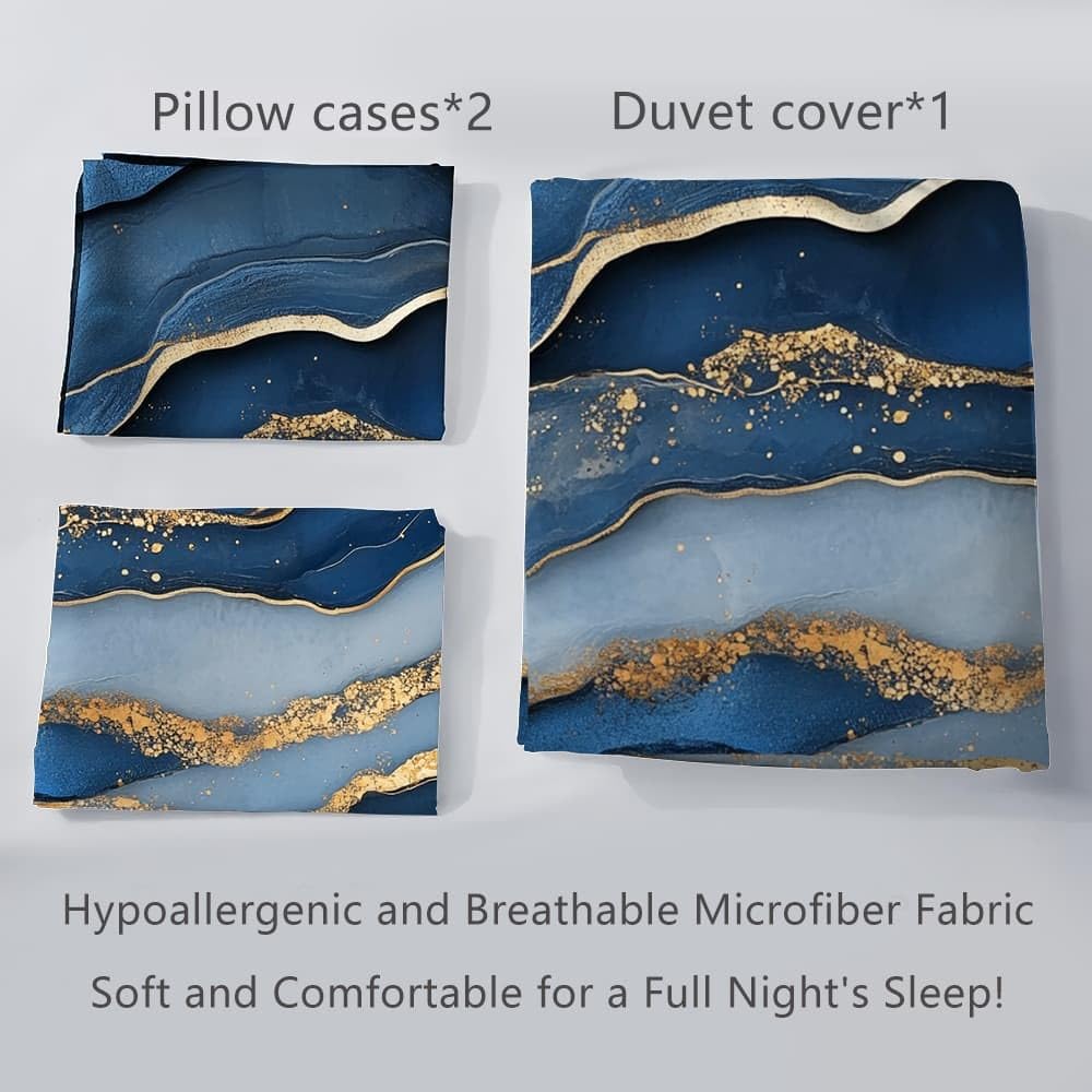 Fluido Di Marmo Lussuoso Copripiumino 2 Persona con Cerniera 250x200 cm Blu Set Biancheria da Letto in Microfibra, Lavabile in Lavatrice, per Bambini, Adolescenti e Adulti