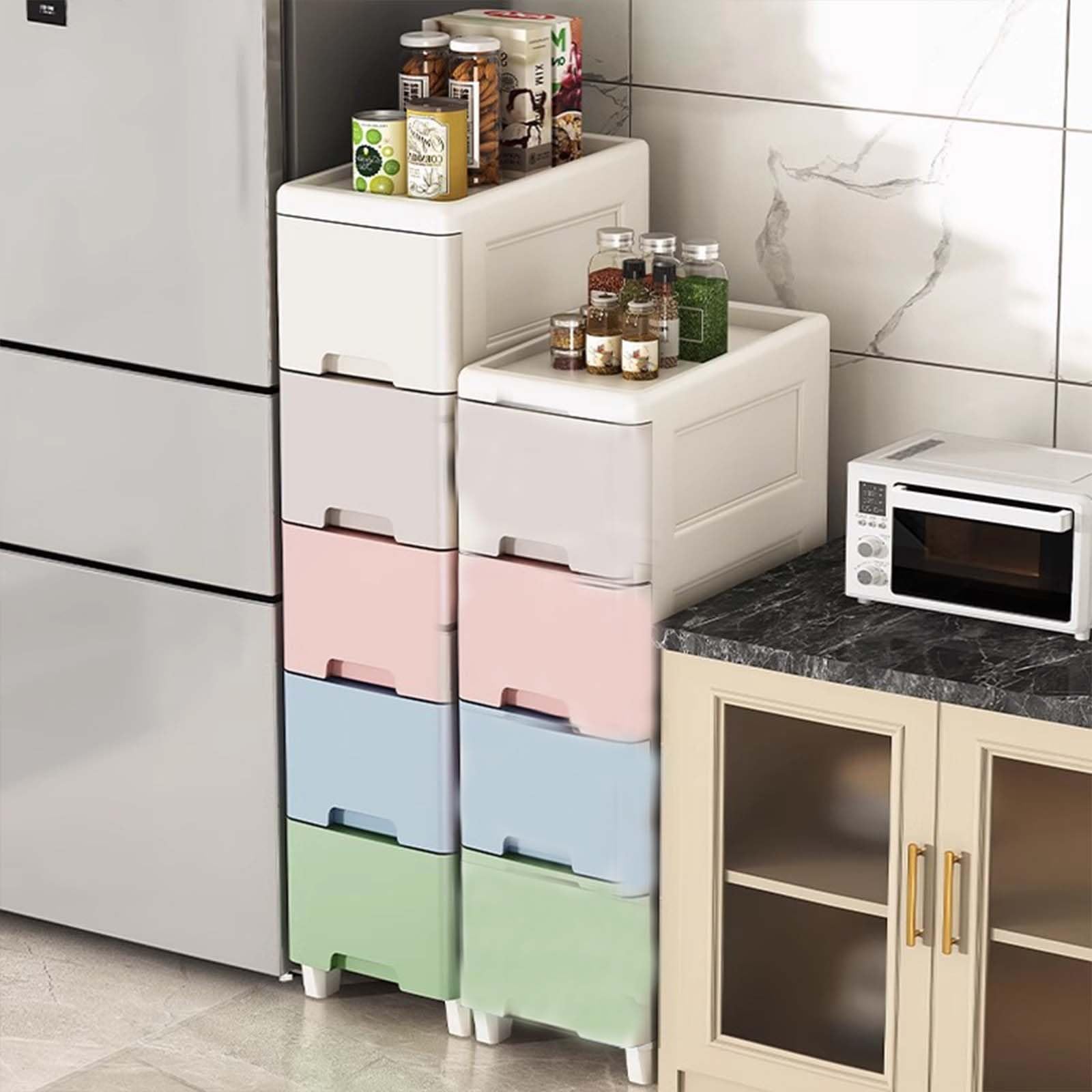 Generico 3/4/5/6/7 Livelli Colorato Cassettiera In Plastica, Mobiletto Bagno Salvaspazio, Mobiletti Stretti, Armadietto Plastica Con Cassetti E 4 Ruote(5 tier)