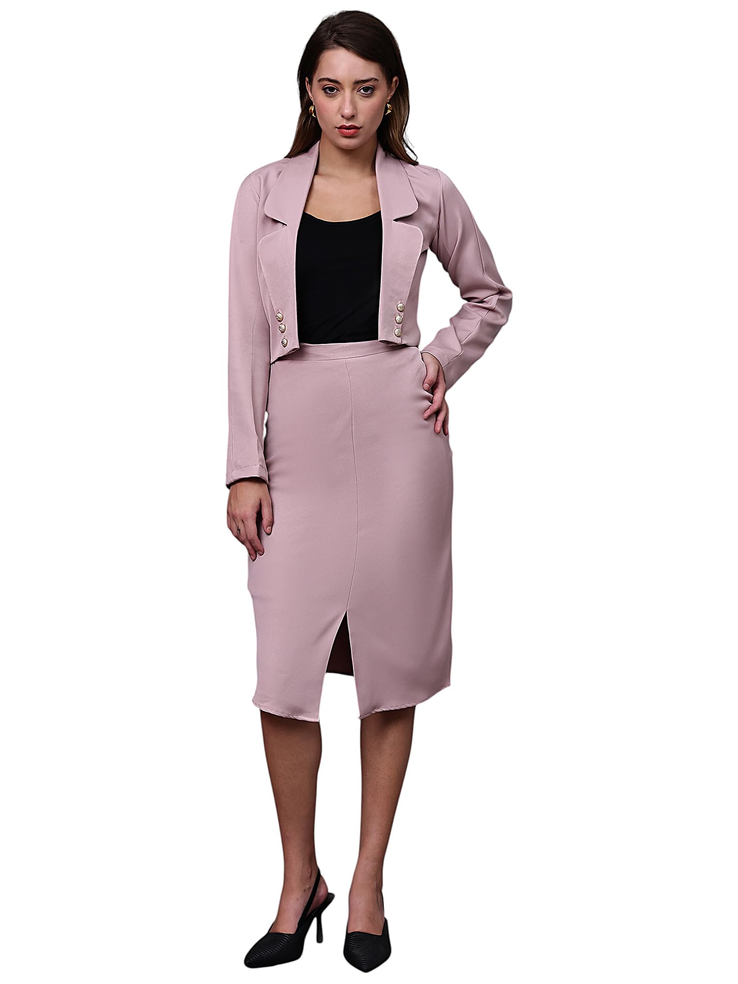 Blazer with Pencil Skirt Co-ord Set- Soft, Comfortable, High-Waisted Pencil Skirt with Delicate Front Slit.