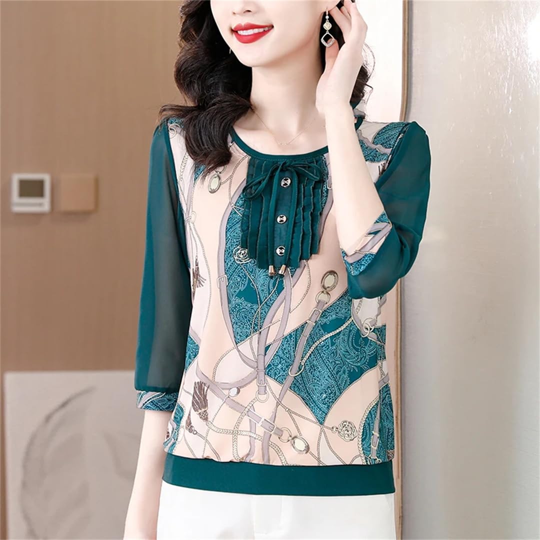 Camicia da donna in chiffon con stampa floreale estiva in rete con giuntura allentata O-collo slim camicia