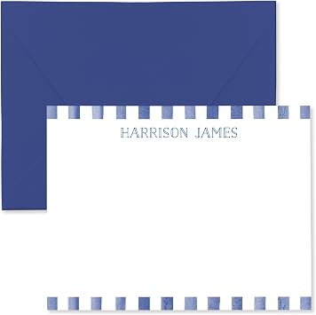 Personalized Stationery Note Card & Envelope Set for Children, Watercolor Stripe Border Design Personalized with Name in Cute Font, Thank You Card Stationery for Kids Navy