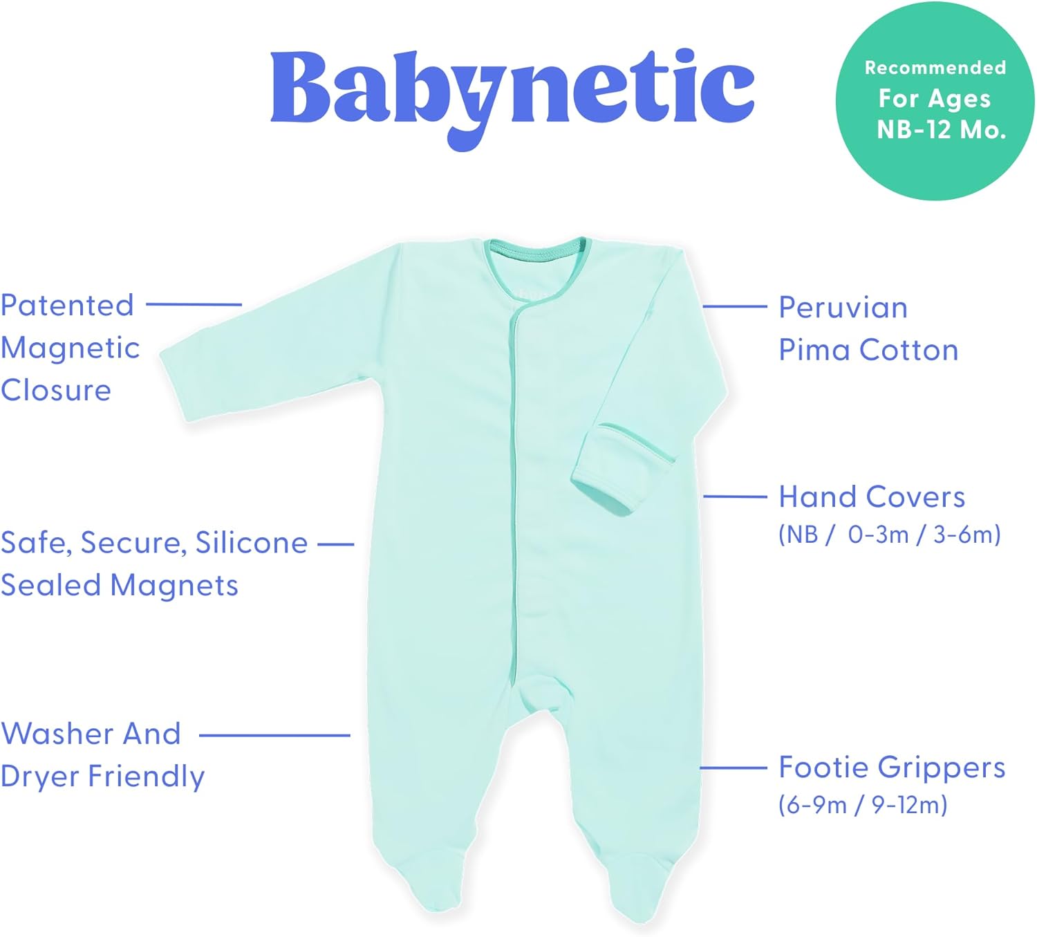 Magnetic Baby Footie – Pima Cotton One-Piece Onesie, Silicone-Sealed Closures, Unisex NB-12M