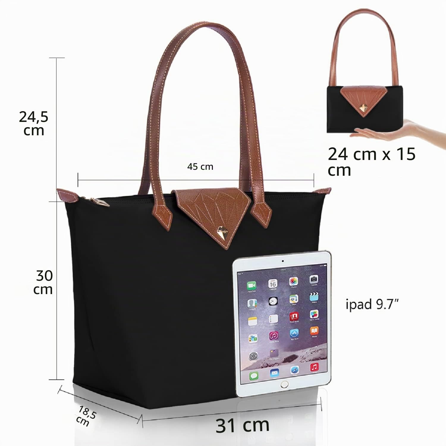 Sac à main pour femme, grand sac à bandoulière étanche, pliable noir pour loisirs, voyage, bureau, shopping