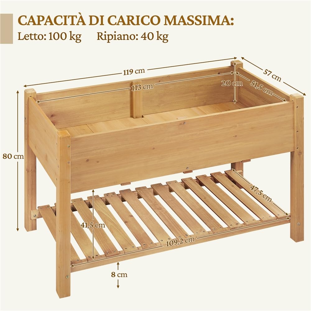 Yaheetech Fioriera/Aiuola Rialzata Orto Balcone Alta da Esterno in Legno Lettino per Piante Giardino con Ripiano Mensola 119 x 57 x 80 cm Portata 100 kg
