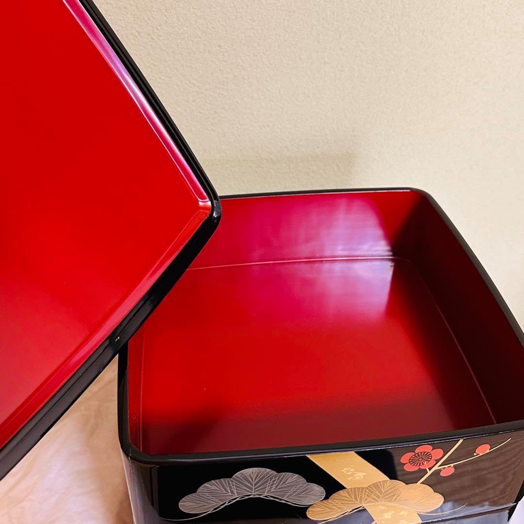 重箱 おせち 三段重 木製扇面花丸松竹梅蒔絵 溜内朱 6.5寸