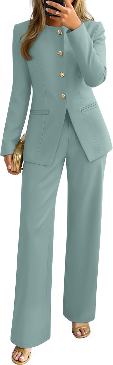 ZESICA Women's 2026 Spring Two Piece Suits Set Casual Business Long Sleeve Blazer Jacket Wide Leg Pants Work Outfits Sets