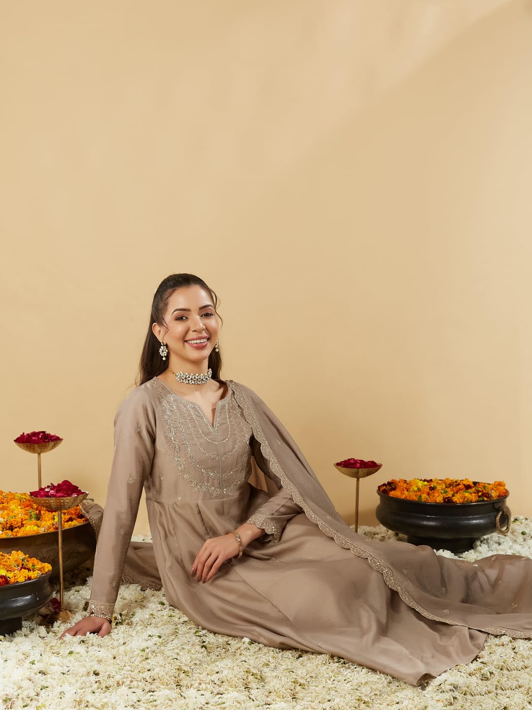 MOKOSH Women's Silk Embroidered Brown Anarkali Set (444-04-S) - Image 8 thumbnail