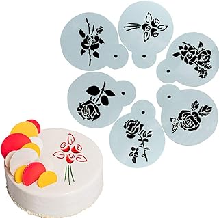 6 Pack Rose Flower Plastic Coffee Spray Stencils Powdered Sugar Sieve PVC Mold Chocolate Fondant Template Cake Decorating Lace Embossed Molds DIY Dessert Baking Tools