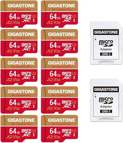 Gigastone 64GB 10-Pack Micro SD Card, 4K Camera Pro, 4K Video Recording for GoPro, Insta360, DJI, Drone, Nintendo-Switch, R/W up to 100/50 MB/s MicroSDXC Memory Card UHS-I U3 A2 V30, with Adapter