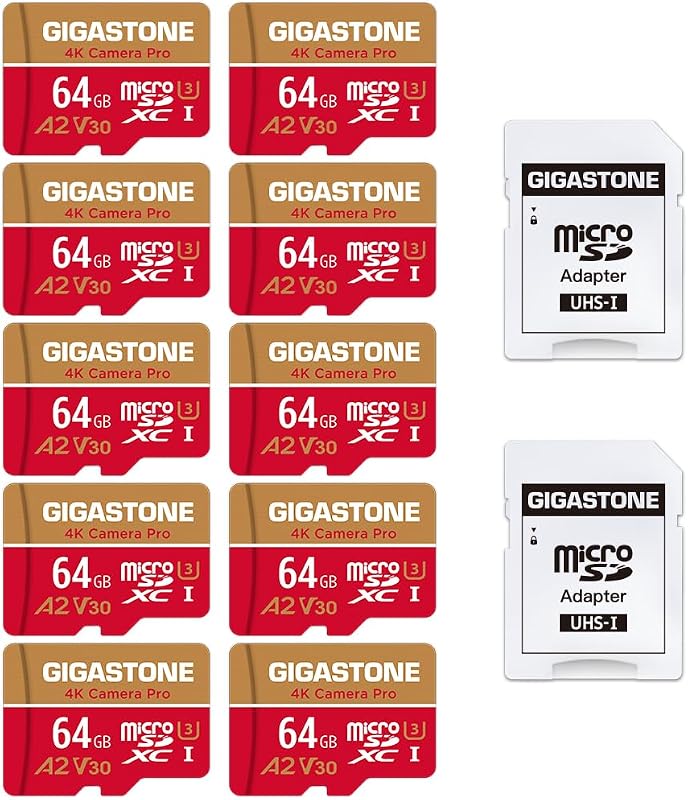 【5-Years Data Recovery】 GIGASTONE 64GB Micro SD Card 10-Pack, 4K Camera Pro, for GoPro, Security Camera, Wyze, DJI, Drone, Dash Cam, R/W up to 95/35MB/s MicroSDXC Memory Card UHS-I U3 A2 V30